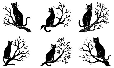 Collection of black cats perched on branches with leaves silhouette art