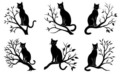 Silhouettes of black cats sitting on branches of trees in various poses