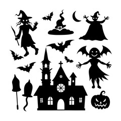 Silhouette halloween scene with witch bats moon and haunted house theme