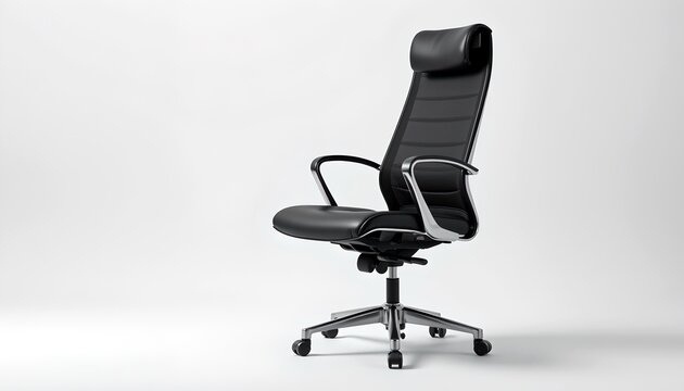 an elegant black leather office chair, perfect for modern workplaces. The chair has a high back, armrests, and a chrome base