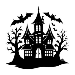 Silhouette of a haunted house with bats flying around on halloween night