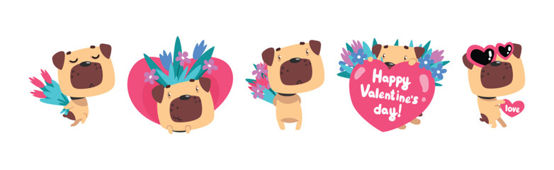 Funny Dog Greeting with Valentine Day with Heart Vector Set