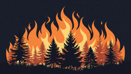 Forest Fire Vector Illustration in Flat Style. Wildfire During Summer Drought