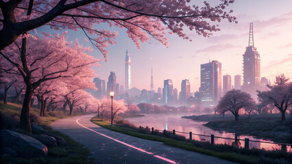 4k pc wallpaper with beautiful city and cherry blosm trees looks realistic