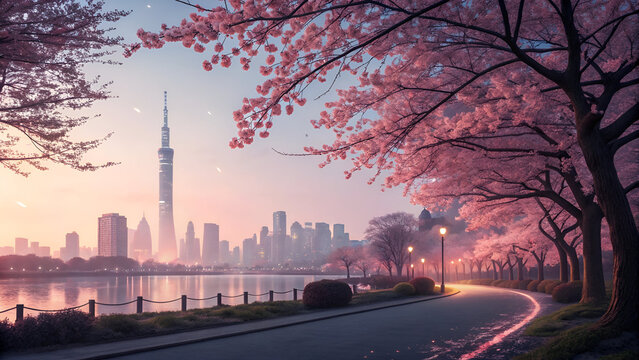 4k pc wallpaper with beautiful city and cherry blosm trees looks realistic