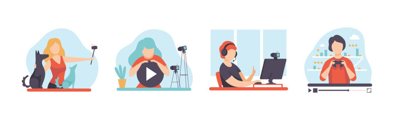 Video Tutorials with Man and Woman Blogger Streaming Vector Set