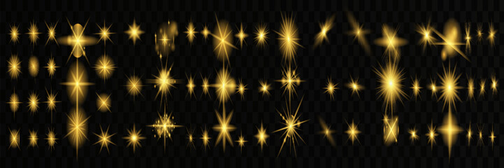 Glow isolated white transparent starlight effect set, lens flare, explosion, line, sun flash, glitter, spark and stars. Abstract special effect element design. Shine ray with lightning