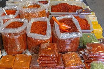 Dried Paprika Chili Spices in Bulk Bags at Farmers Market Stall