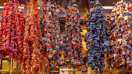Hanging Strings of Dry Eggplant Aubergine Tomato Vegetables Preserved for Winter