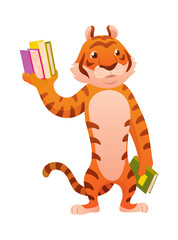 Animal reading book and studying, cute baby tiger. Kid character reading book. Cartoon symbol for school education and library. Vector illustration for children