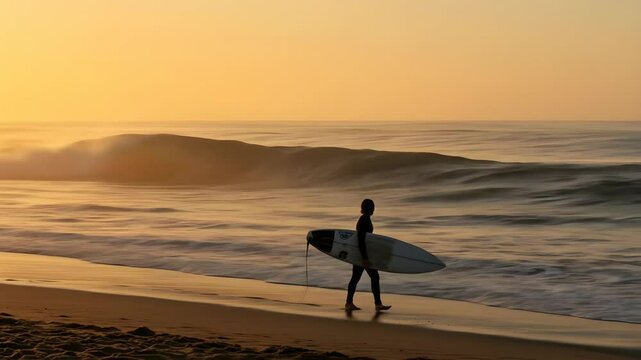 Surfer carrying board walking on wet sand at pastel sunrise - backlit silhouette