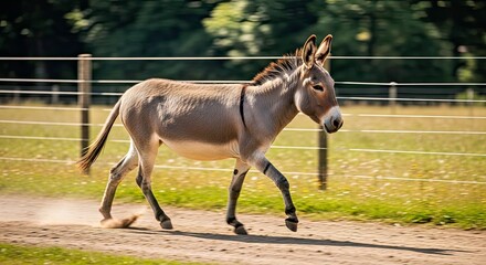 Fototapeta premium Trotting Donkey Captured Mid Stride in Dusty Rural Path