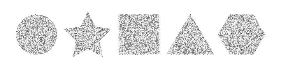 Stipple dotted geometric shapes. Vector set of grainy noise textured circle, square, triangle, star, hexagon design element