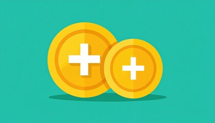 Obraz premium Gold Coins With Plus Symbols On Teal Background