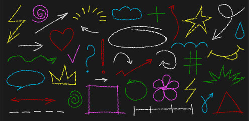 Chalk doodle hand drawn elements. Vector textured colored crayon textured outline sketch shapes, arrows, frames, heart
