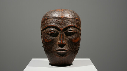 Antique Thai wood carving of a golden tribal mask, a symbol of ancient Asian culture and religion