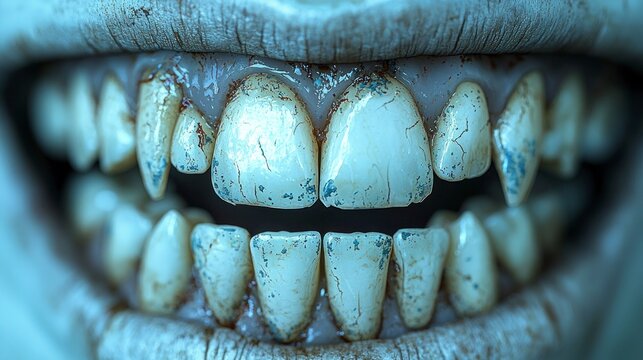Close-up of a decaying human mouth, with a grimacing expression, showing aged teeth