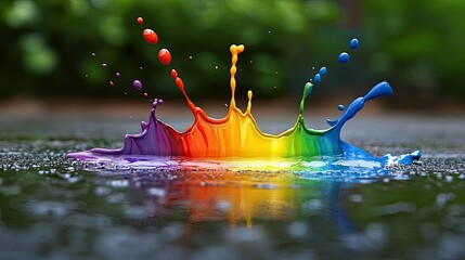 A vivid splash of paint on the ground, bursting with rainbow hues. 