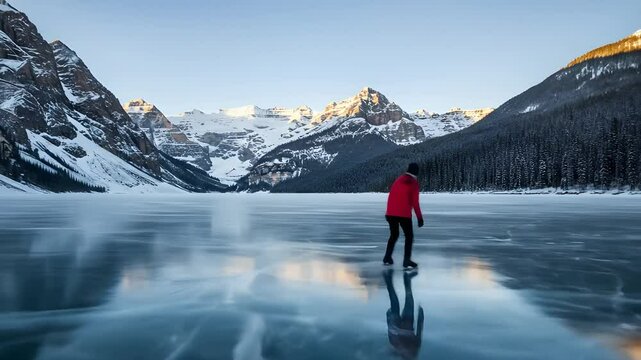 Figure skater performing spin on mirror-like frozen lake with alpine peaks at golden hour