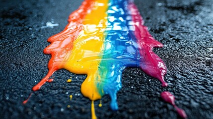 A vivid splash of paint on the ground, bursting with rainbow hues. 