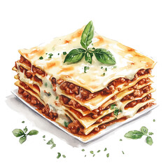Lasagna Bolognese, watercolor painting vector, high quality, isolated on a white background.