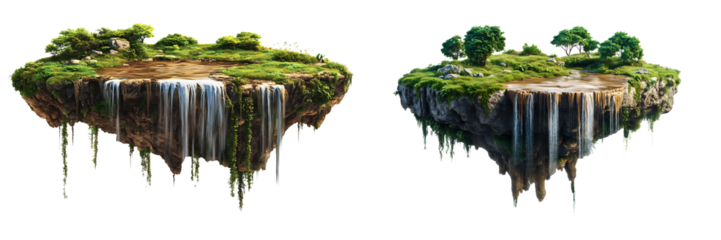 set of Fantasy Floating Islands with Waterfalls on Transparent Background