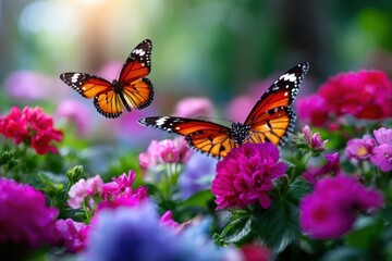 Naklejka premium Colorful butterflies flutter among vibrant flowers in a sunny garden setting