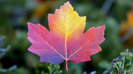 Close-up of colorful maple leaf in autumn, foliage background