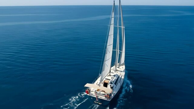 Luxury sailing yacht cutting through turquoise ocean waves - high angle drone view