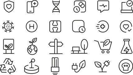 Collection of 30 Clean Line Health, Eco, and Technology Icons Perfect for Websites, Apps, and Presentations.  Downloadable in EPS format for seamless integration into your projects.