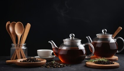 Minimalist Black Tea Set with Organic Herbs and Wooden Utensils on Dark Background