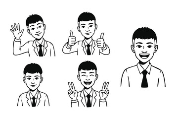 Collection of Diverse Male Character Illustrations  Smiling, Waving, and Thumbs Up Poses
