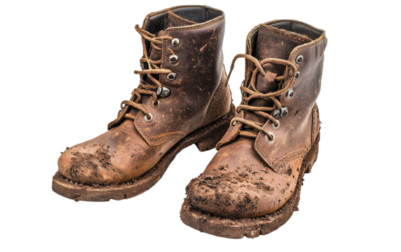 Two dirty brown boots with laces