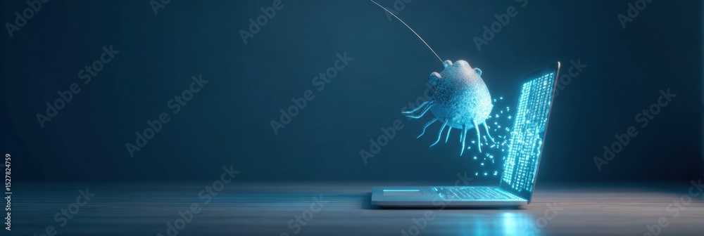 Poster 3d phishing site icon transforming into malware from a laptop at minimal upper zone