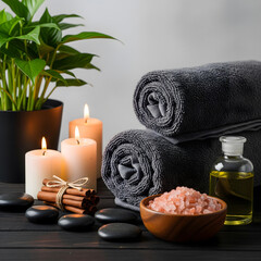 A soothing spa setup with rolled grey towels, lit candles, massage stones, cinnamon sticks, bath salt, and oil