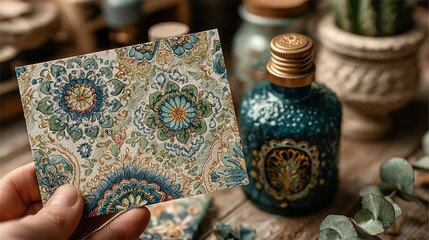 Hand holding blank paper card with watercolor Moroccan pattern, lantern and leaves on table