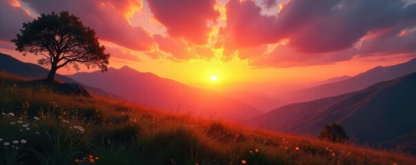 Naklejka premium Serene landscape at sunrise, embodying a sense of peace and spiritual awakening, perfect for representing the pursuit of inner peace and higher goals , ethereal, journey, spiritual journey