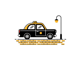 Taxi on highway with clouds under blue sky flat vector. Taxi vector illustration.