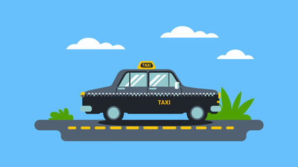 Taxi on highway with clouds under blue sky flat vector. Taxi vector illustration.