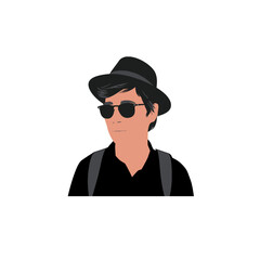 Tourist vector icon isolated on white. Man wearing hat and glasses with bagpack.