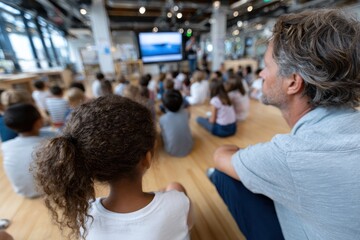 A father and his daughter engage with a presentation, highlighting the special bond and the importance of learning together in a nurturing educational environment.
