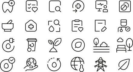 Comprehensive Set of 30 Line Icons for Healthcare, Sustainability, and Ecology Free EPS Vector Download