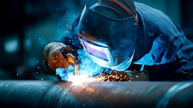 Industrial Welder at Work: Blue Sparks and Metal Pipe