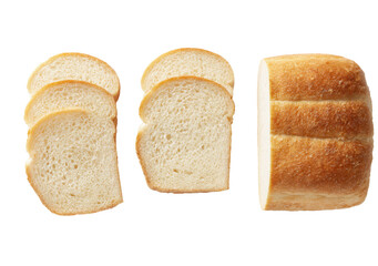 A loaf of white bread is displayed in the center, with slices to the side. It is isolated on a white background, and appears ready to use for design