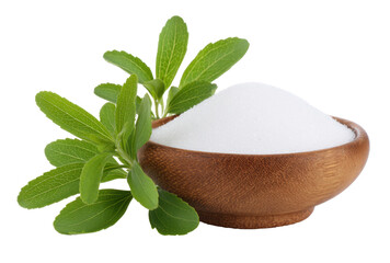 A wooden bowl overflows with white Stevia powder, and fresh Stevia leaves are placed beside it. The background is transparent