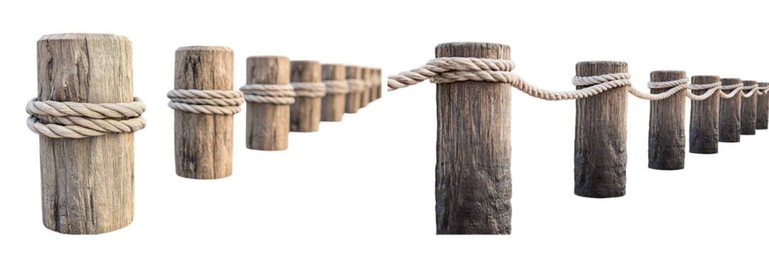 Weathered Wooden Posts with Rope on Transparent Background