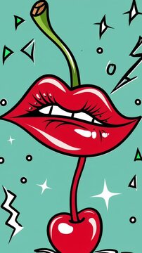 Vibrant pop art creative animation video featuring lips biting a cherry. Colorful geometric elements around.