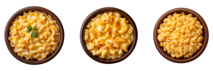 Set of various baked elbow pasta macaroni cheese isolated on transparent background