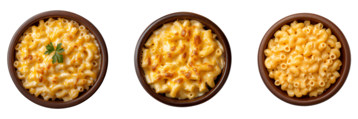 Set of various baked elbow pasta macaroni cheese isolated on transparent background