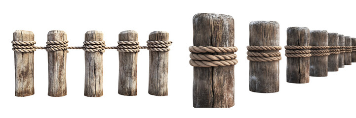 Weathered Wooden Posts with Rope on Transparent Background